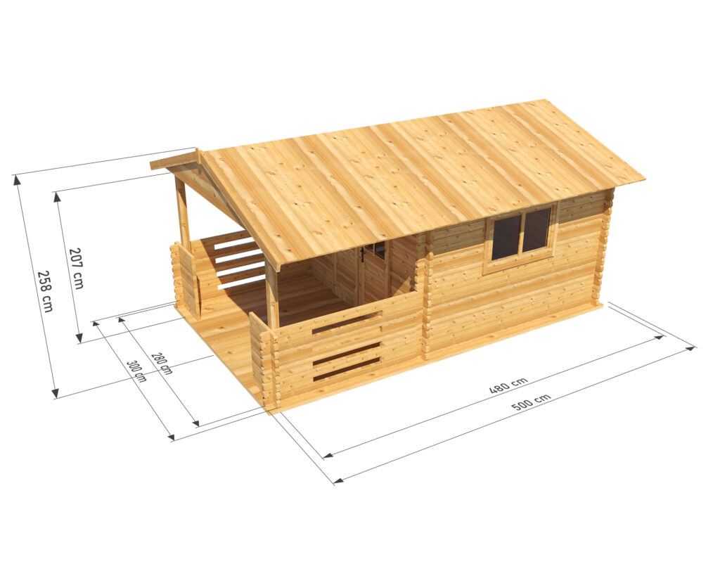 Wizualizacja drewnianej chaty o nazwie Zuzia z podanymi wymiarami. Chata ma długość 500 cm, szerokość 300 cm, a wysokość 250 cm. Na rysunku pokazane są szczegółowe wymiary konstrukcji.